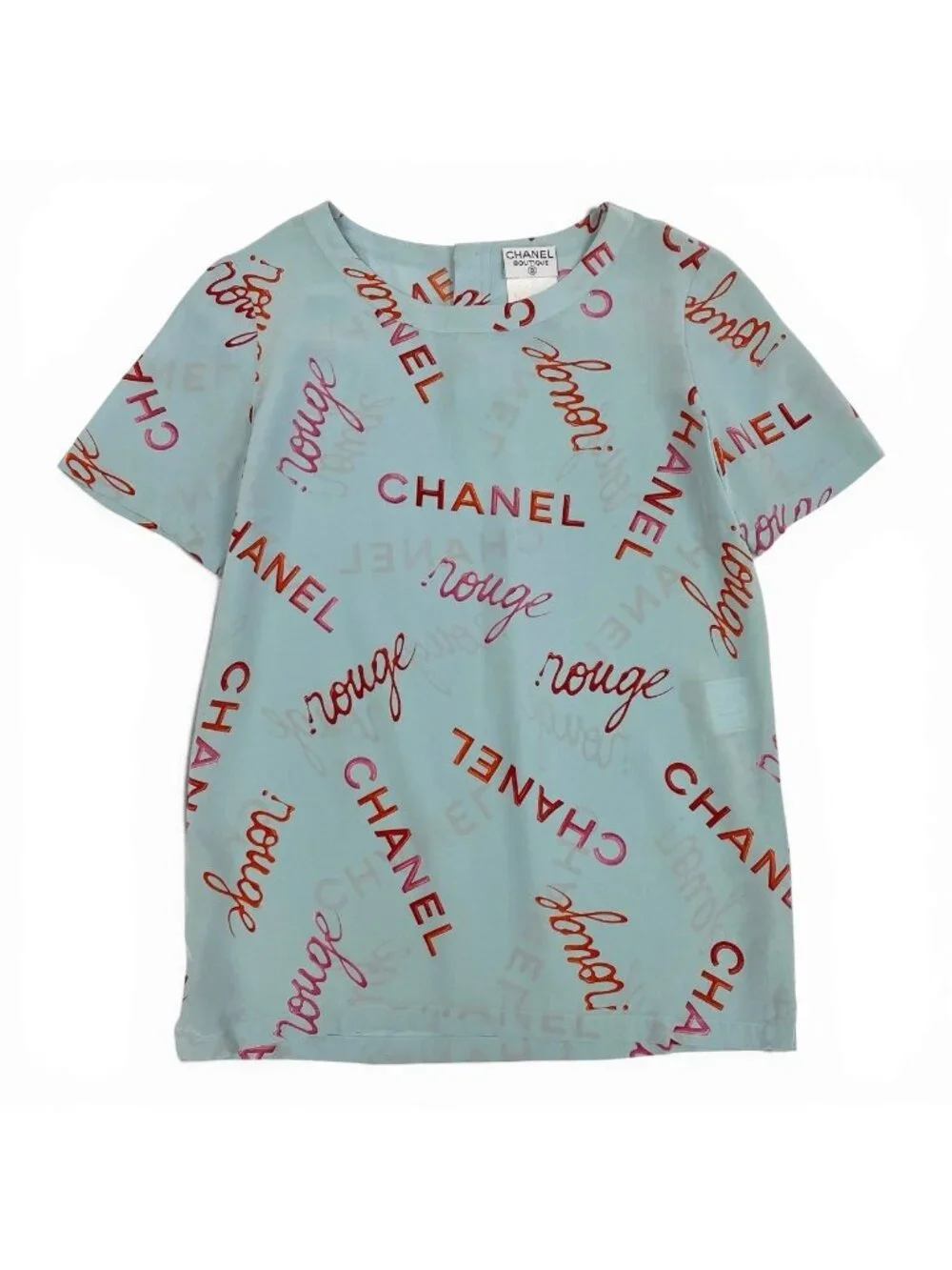 Chanel Vintage Logo Print Silk Blouse Short Sleeve 36 Blue Top